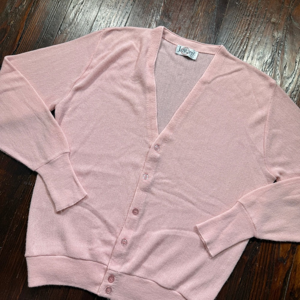 Vintage 80s Jantzen Cardigan Women L Pink V Neck Button Up Knit Made in USA